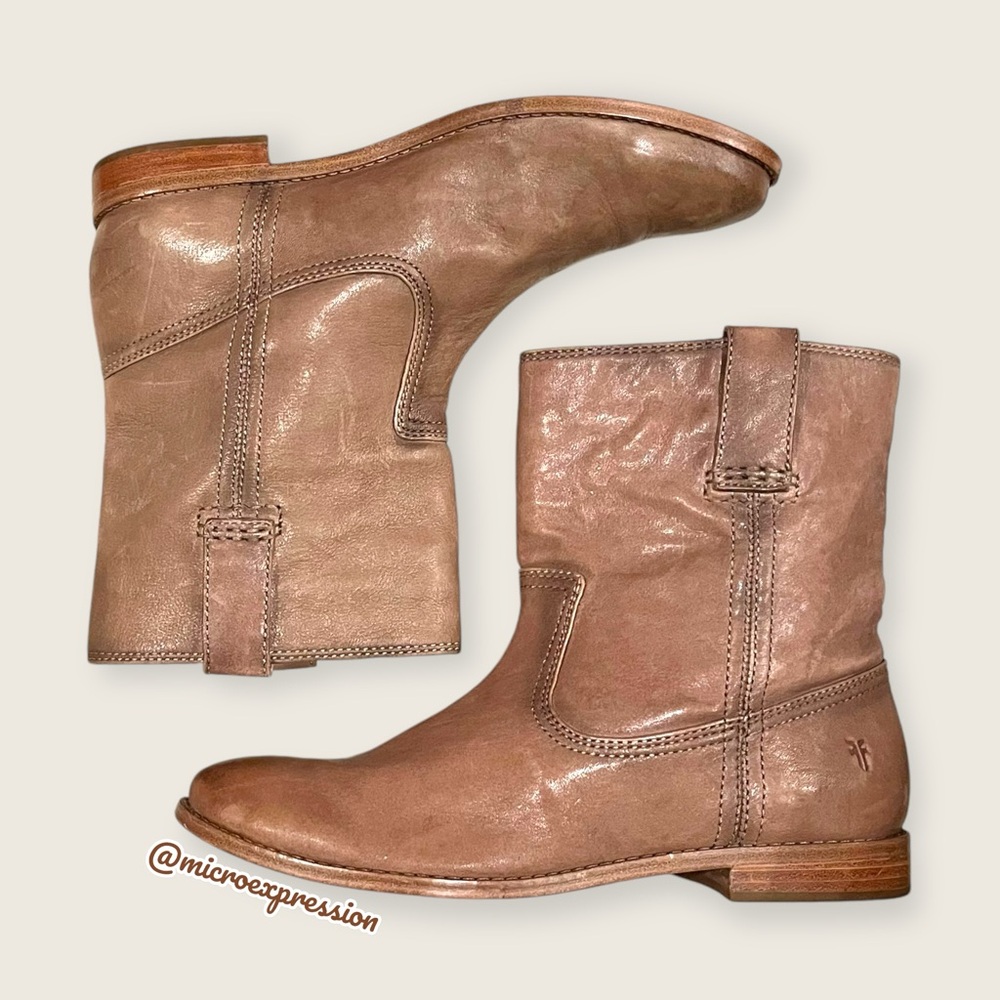 Frye Anna Short Tan Leather Pull On Ankle Boots - Picture 9 of 15